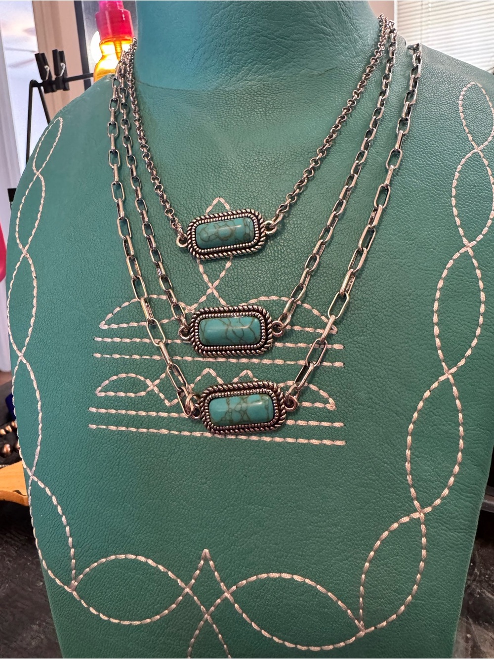 Layered Turquoise Stone Triple Pendant Necklace - Silver Tone